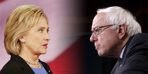 Hillary Clinton and Bernie Sanders glaring at each other