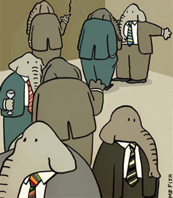 GOP elephant candidates standing in a room. Original cartoon by Dwayne Booth aka Mr. Fish, from www.truthdig.com/cartoon/item/20080310_the_elephants_in_the_room