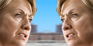 Two Hillary Clintons facing each other in a showdown