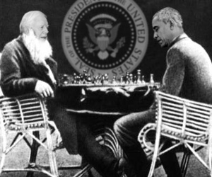 Obama and Carter as old men playing chess