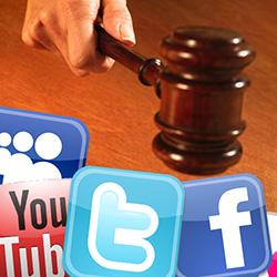 Social media icons under a gavel