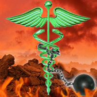 Caduceus chained to a ball in a hellish landscape