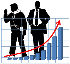 Chart symbolizing increasing pay with silhouettes of businessman and sports coach