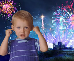 Kid plugging his ears from noise of fireworks