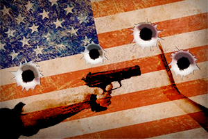 A person's arm pointing a handgun at an up-raised palm, superimposed over a US flag with bullet holes