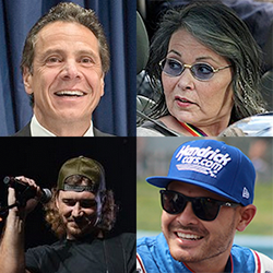 A grid showing former NY governor Andrew Cuomo, actress/comedian Roseanne Barr, country music star Morgan Wallen, and NASCAR driver Kyle Larson
