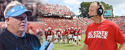 UCLA football head coach Chip Kelly, left, superimposed over a photo of the NC State football team, with head coach Dave Doeren, right