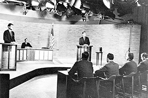 Black-and-white photo of the 1960 presidential debate between Richard Nixon and John F. Kennedy