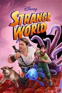 Movie poster for Disney's Strange World with Ron DeSantis's head placed on the body of one of the characters, running from a monster bearing the Disney logo