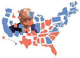 A map of the US with the states broken up and Donald Trump's mugshot behind the states with his eyes peering out in between them