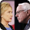 Bernie Sanders and Hillary Clinton glaring at each other