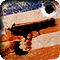 A handgun superimposed over a US flag with a bullet hole